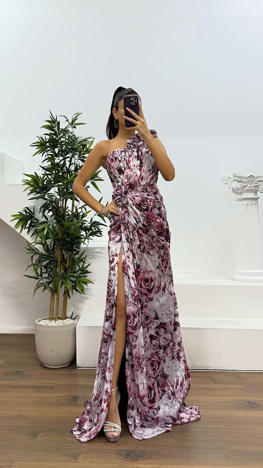 One-Shoulder Floral Evening Dress