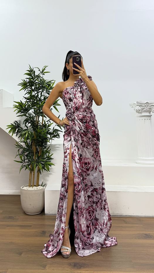 One-Shoulder Floral Evening Dress