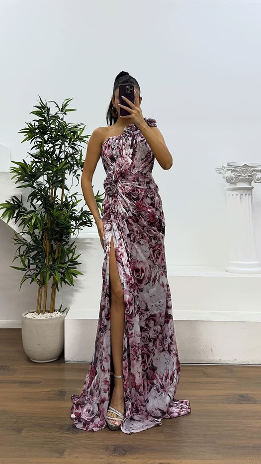 One-Shoulder Floral Evening Dress