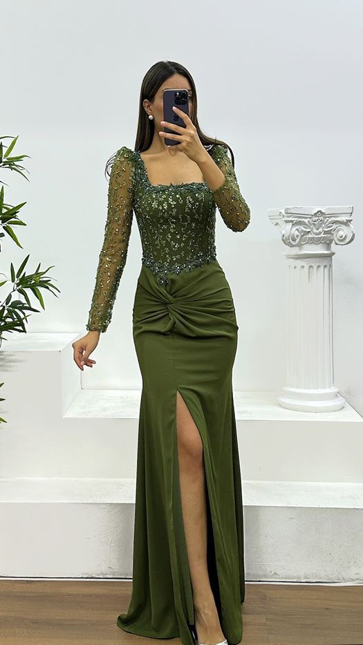 Square Neck Embroidered Evening Dress