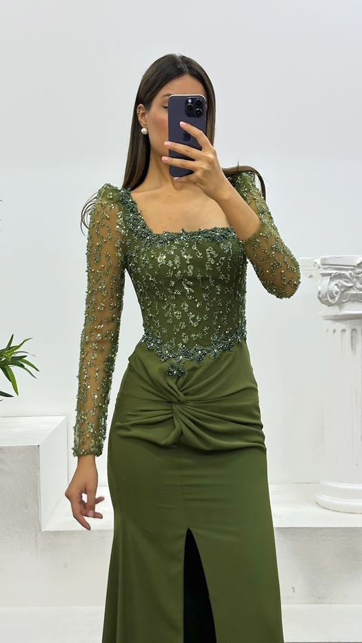 Square Neck Embroidered Evening Dress