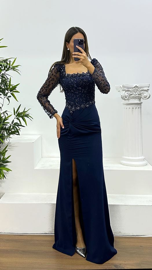 Square Neck Embroidered Evening Dress