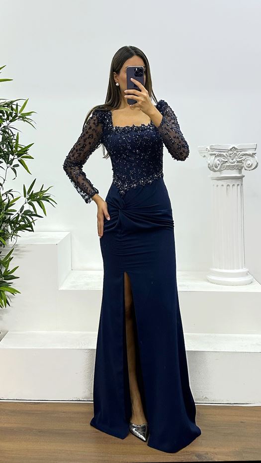 Square Neck Embroidered Evening Dress