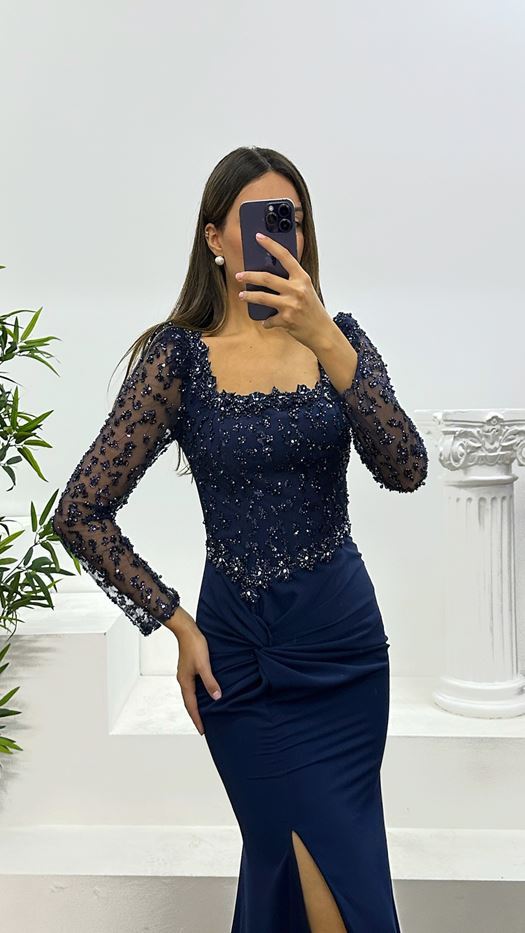 Square Neck Embroidered Evening Dress