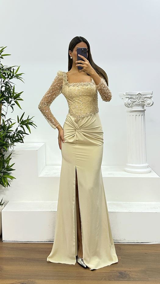 Square Neck Embroidered Evening Dress