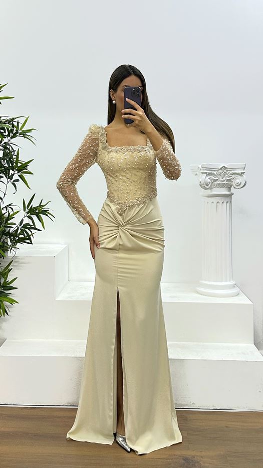 Square Neck Embroidered Evening Dress
