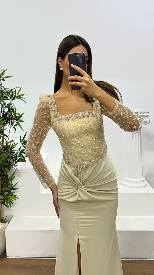 Square Neck Embroidered Evening Dress