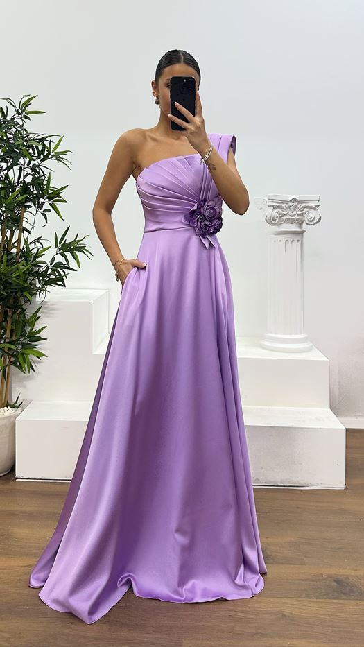 Lavender One Shoulder Rose Detail Evening Dress