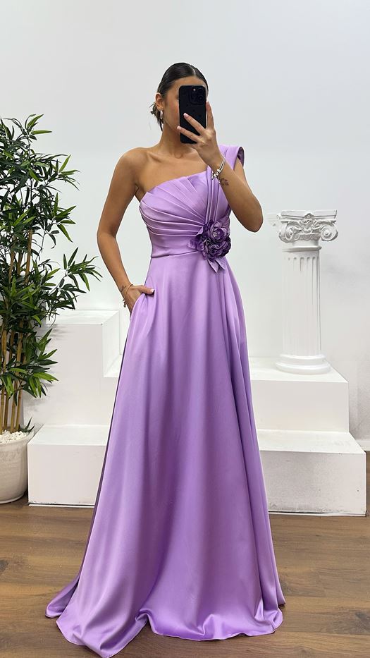 Lavender One Shoulder Rose Detail Evening Dress