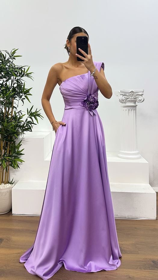 Lavender One Shoulder Rose Detail Evening Dress