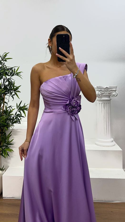 Lavender One Shoulder Rose Detail Evening Dress