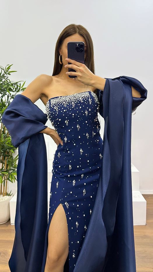 Balloon Sleeve Pearl Detail Evening Dress
