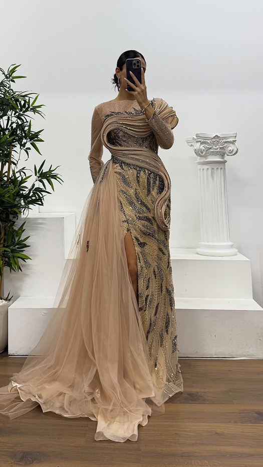 Beige Embroidered Special Design Evening Dress