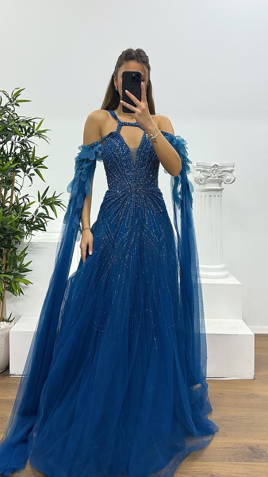 Petrol Tulle Special Design Evening Dress