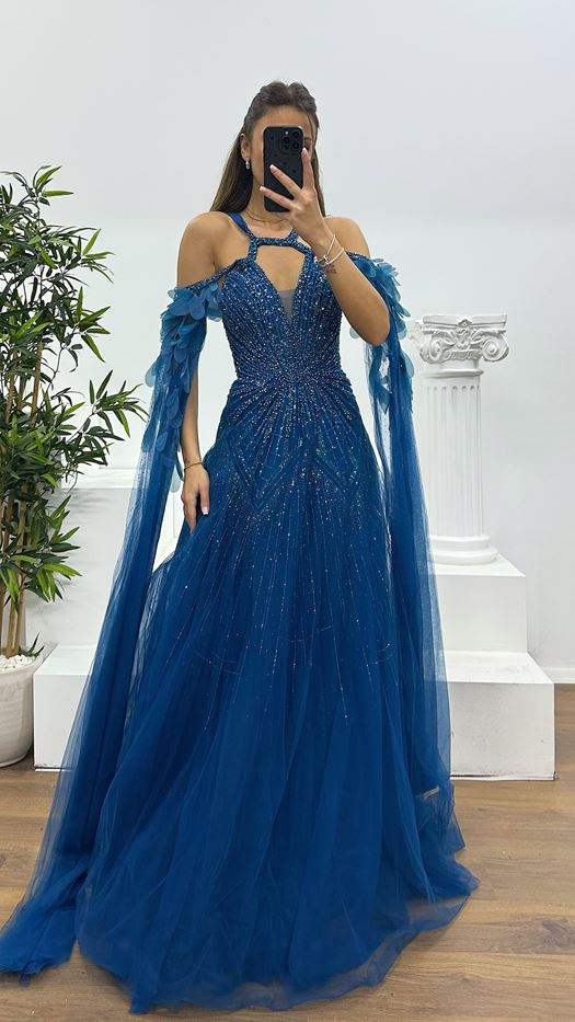 Petrol Tulle Special Design Evening Dress