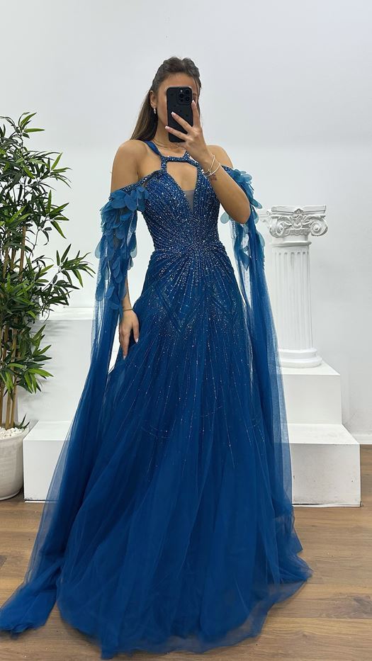 Petrol Tulle Special Design Evening Dress