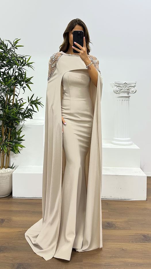Strapless Evening Dress with Tassel Cape