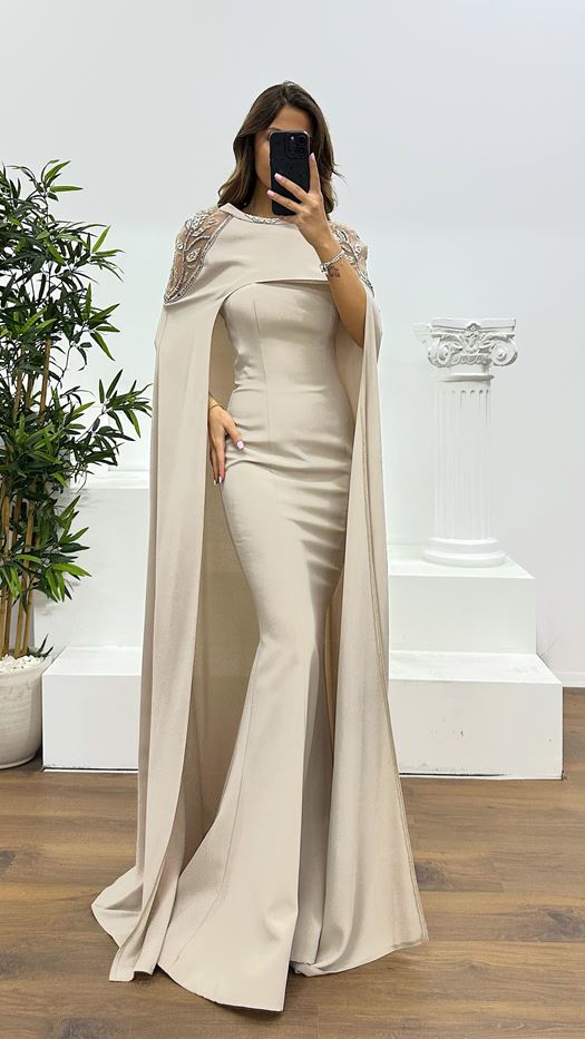 Strapless Evening Dress with Tassel Cape