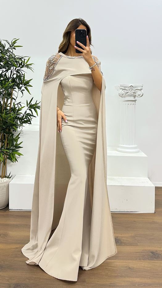 Strapless Evening Dress with Tassel Cape