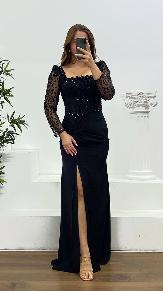 Square Neck Embroidered Evening Dress