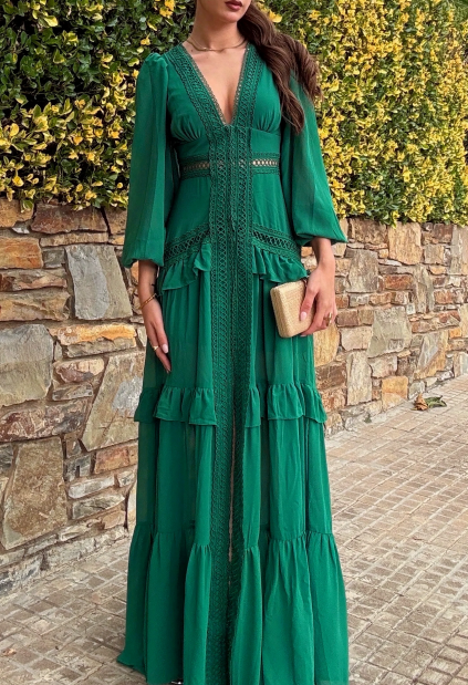 Emerald Green Tiered Ruffle Maxi Dress with Lace Trim & Puffed Long Sleeves