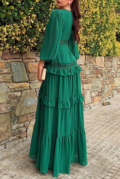 Emerald Green Tiered Ruffle Maxi Dress with Lace Trim & Puffed Long Sleeves