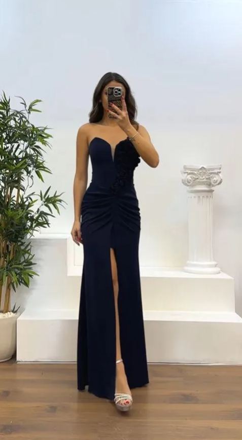 Strapless Flower Detail Evening Dress