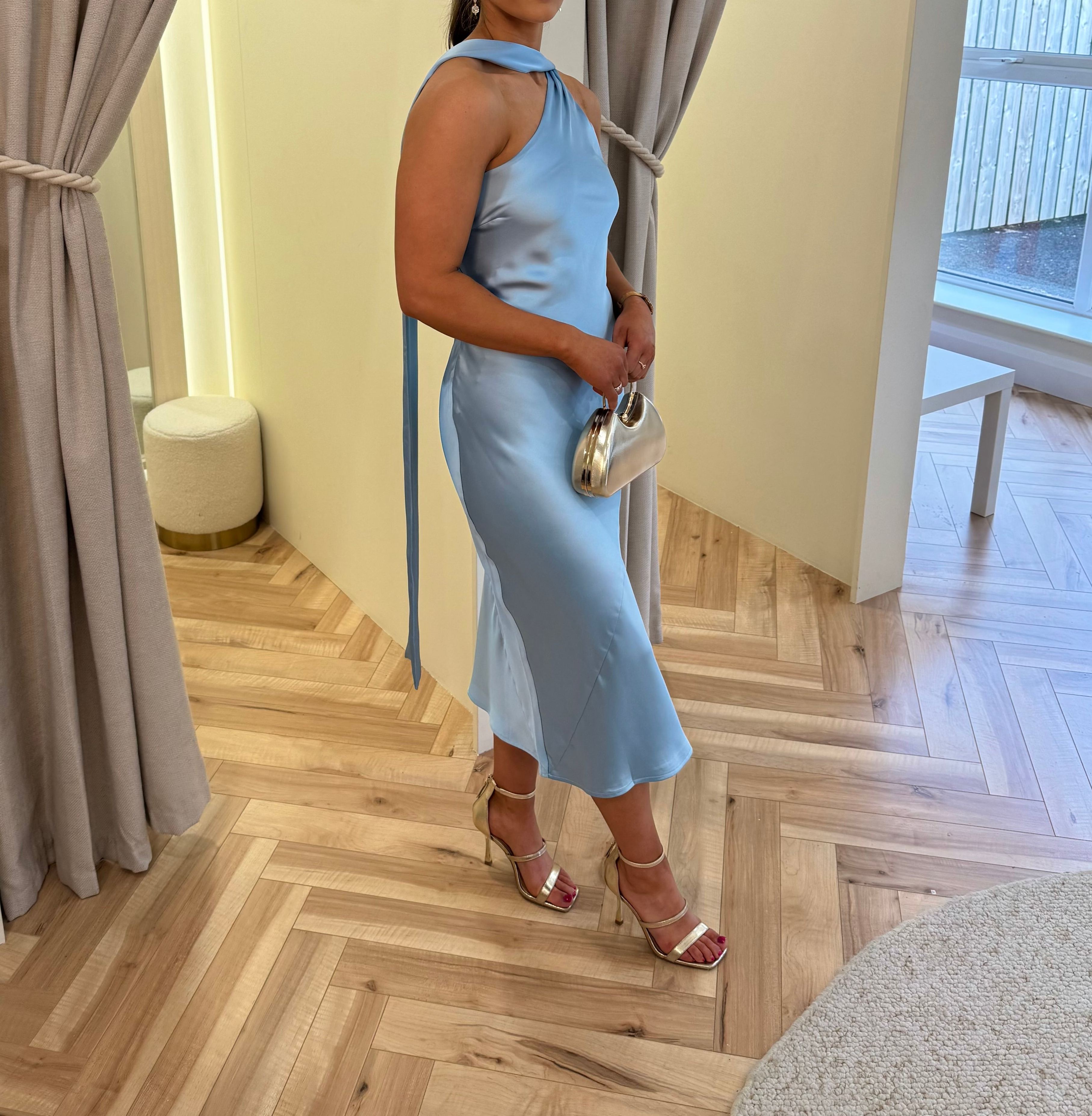 Sheree One Shoulder Midi Dress in Blue