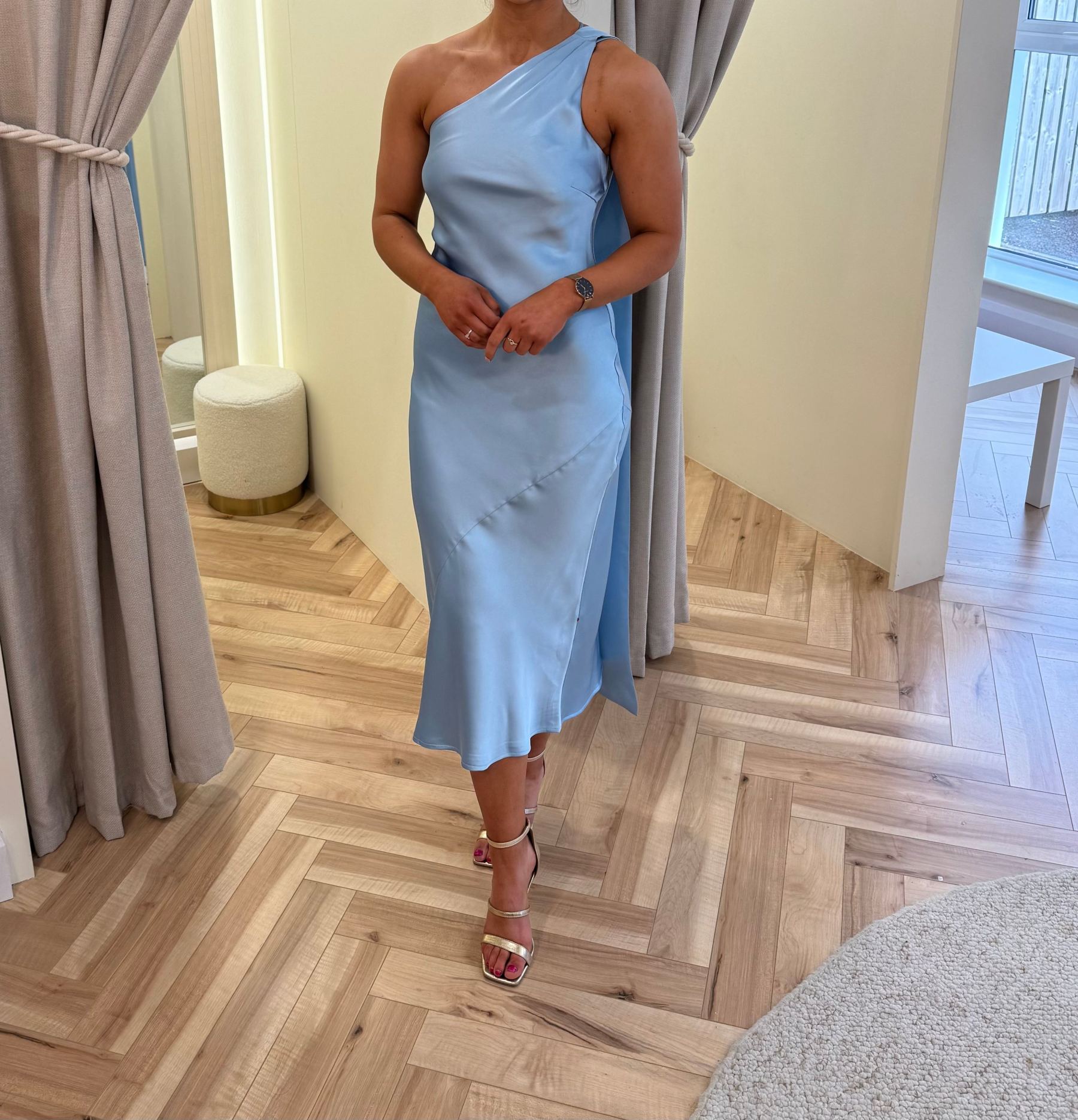 Sheree One Shoulder Midi Dress in Blue