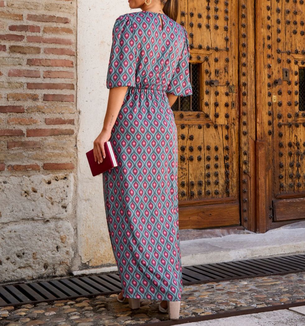 [Copy]Pink Floral Print High Neck Maxi Dress