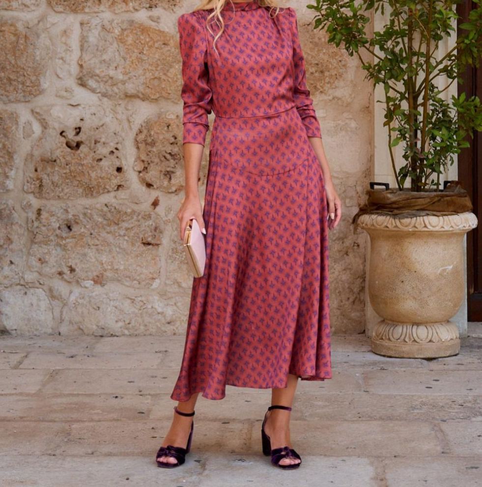 [Copy]Pink Floral Print High Neck Maxi Dress