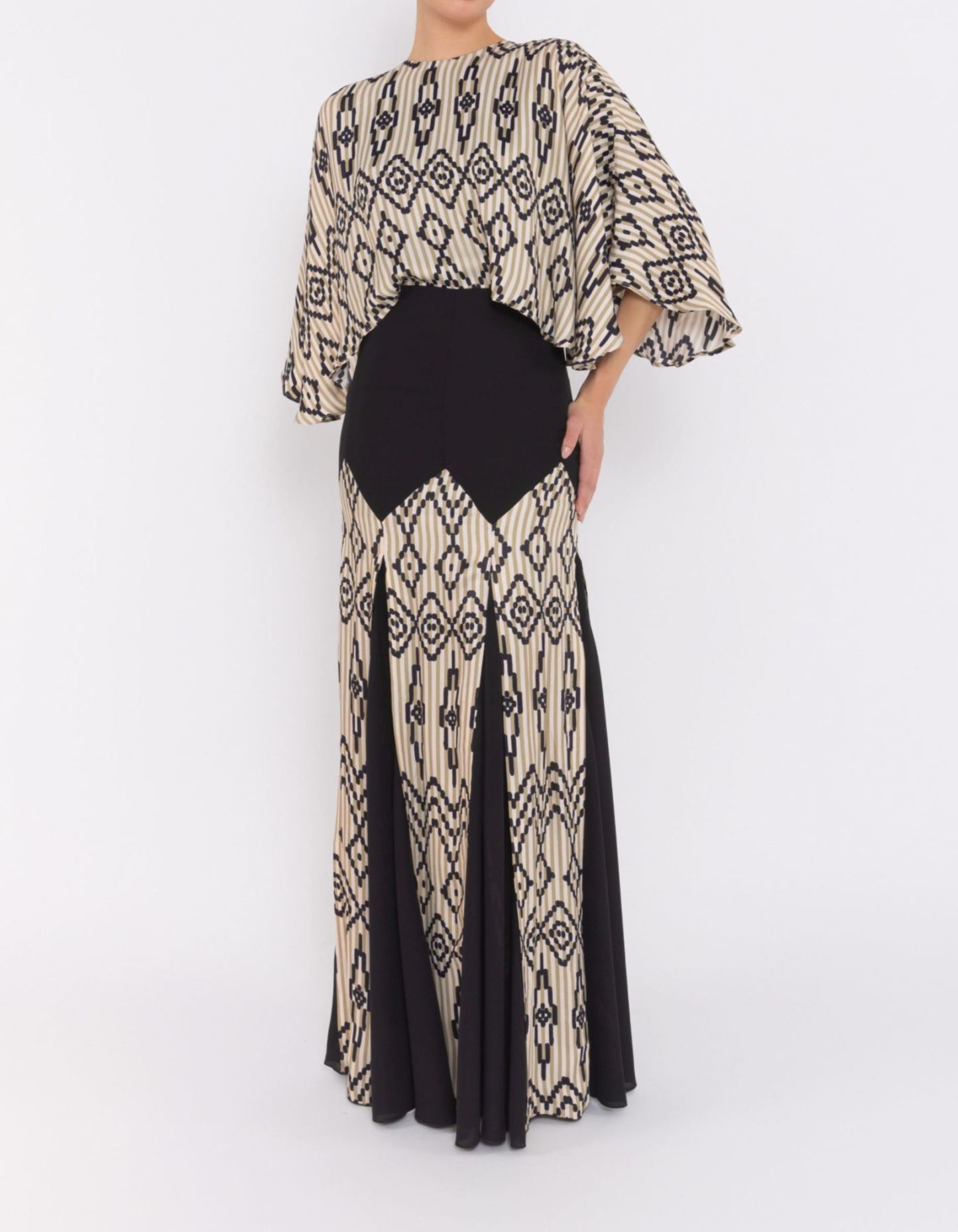 [Copy]Rust Red and Purple Patterned High Neck Midi Dress