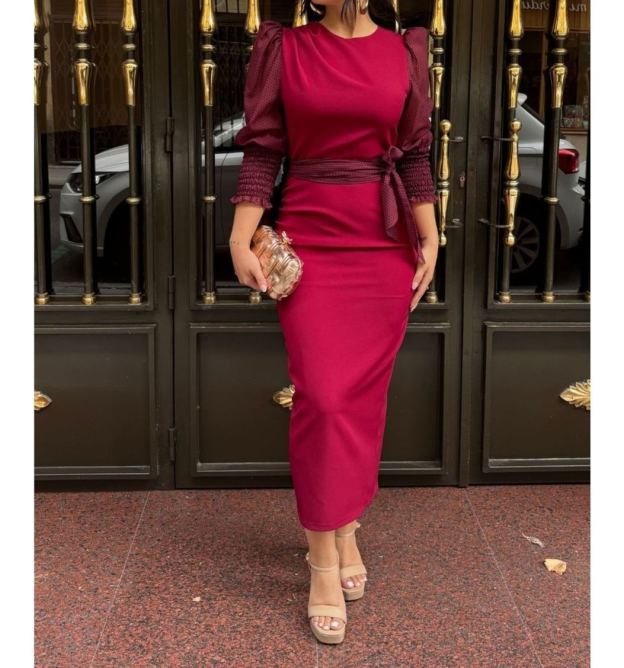 [Copy]Elegant Two - Tone Geometric Print Long Dress