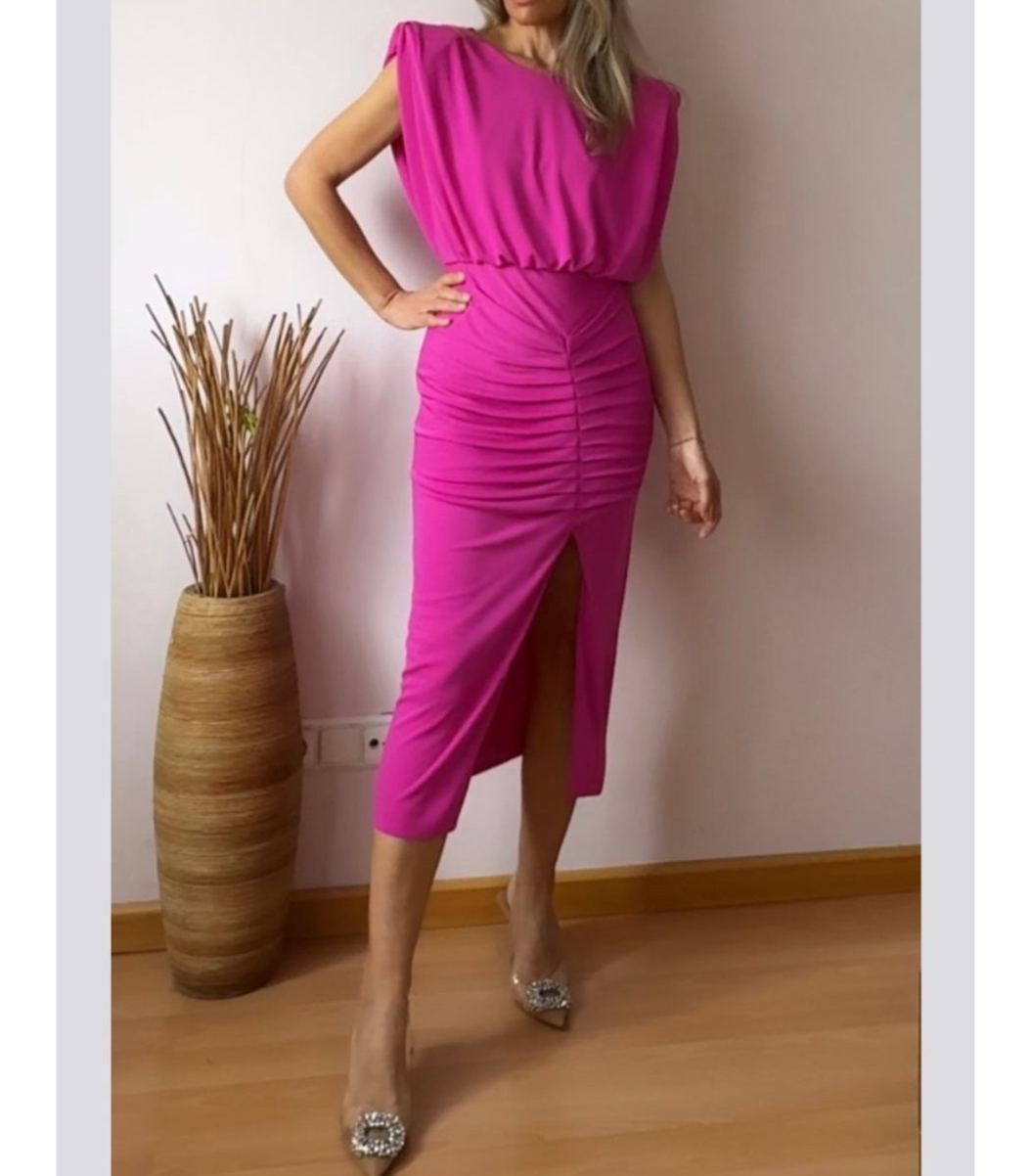 [Copy]Navy Blue Polka Dot Asymmetric Midi Dress with Fringe Hem