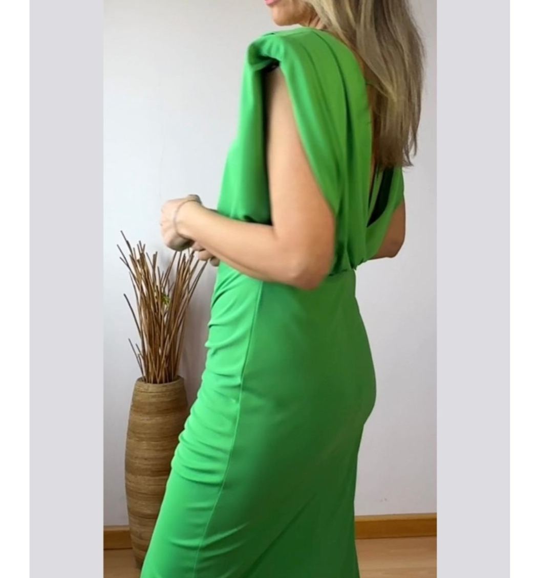 [Copy]Navy Blue Polka Dot Asymmetric Midi Dress with Fringe Hem