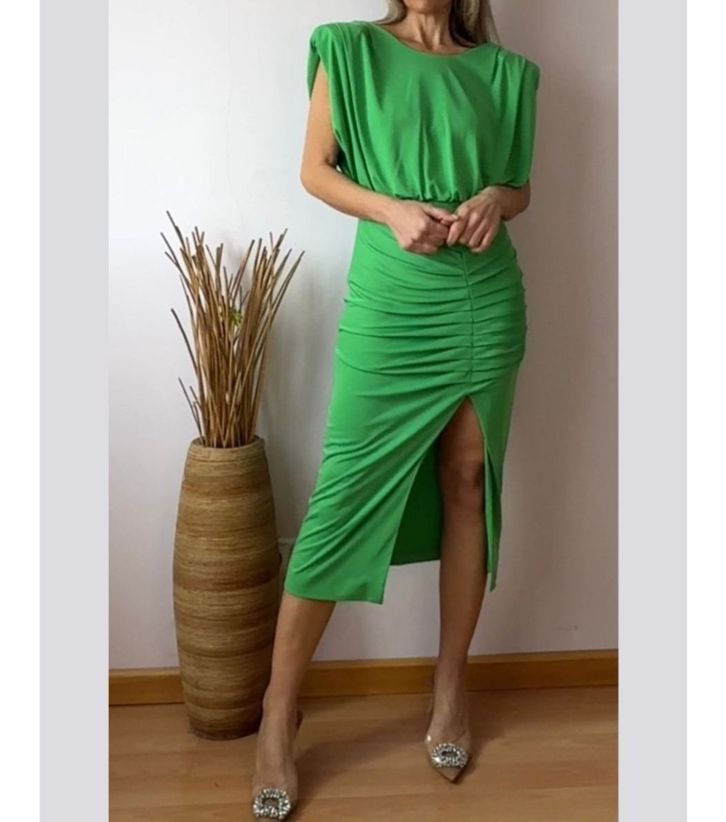 [Copy]Navy Blue Polka Dot Asymmetric Midi Dress with Fringe Hem