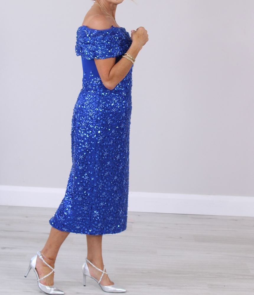 [Copy]Navy Blue and White Off - Shoulder Midi Dress with Bow Detail