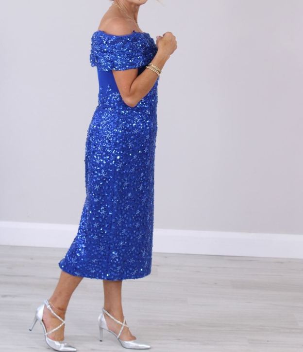 [Copy]Navy Blue and White Off - Shoulder Midi Dress with Bow Detail