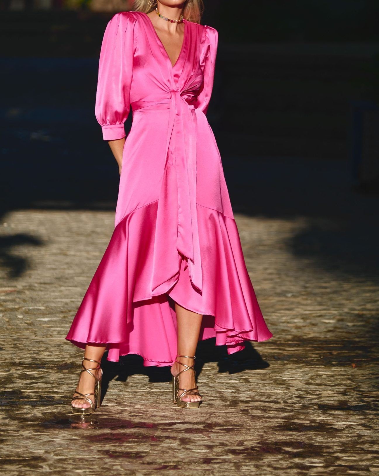 [Copy]Pink Halter Neck Maxi Dress with Fringe Hem