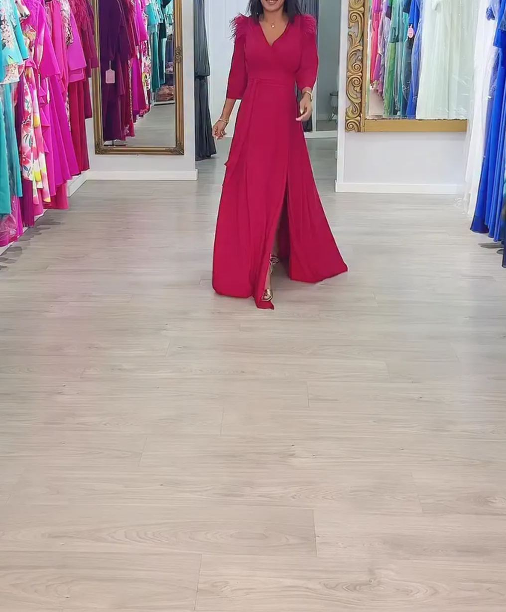 [Copy]Hot Pink Satin Wrap Midi Dress with Tie - Front and Ruffled Hem