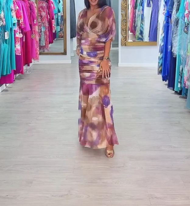 [Copy]Fuchsia Pink Wrap Maxi Dress with Feather Shoulder Details and Side Slit