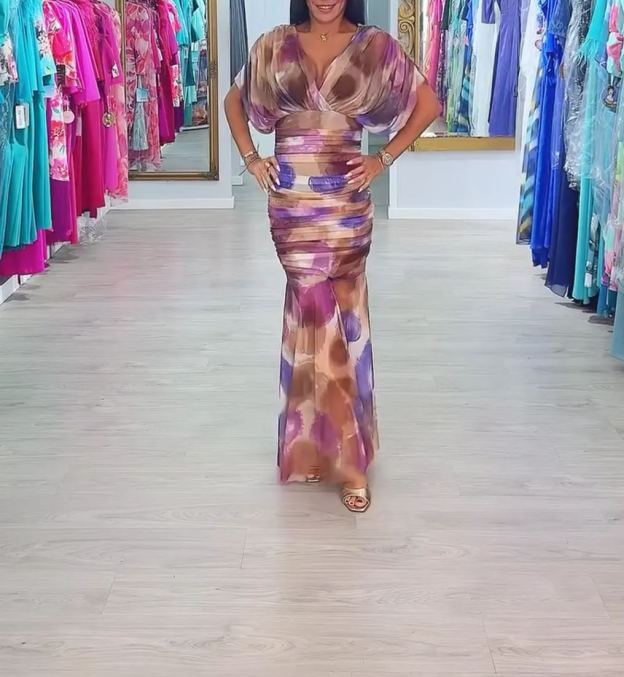 [Copy]Fuchsia Pink Wrap Maxi Dress with Feather Shoulder Details and Side Slit