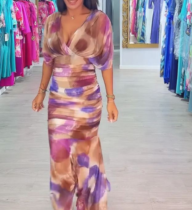 [Copy]Fuchsia Pink Wrap Maxi Dress with Feather Shoulder Details and Side Slit