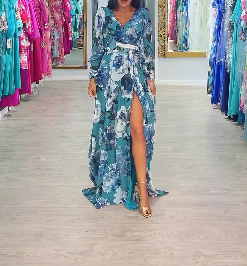 [Copy]Colorful Abstract Print Maxi Dress with Feather - Embellished Shoulders and Side Slit