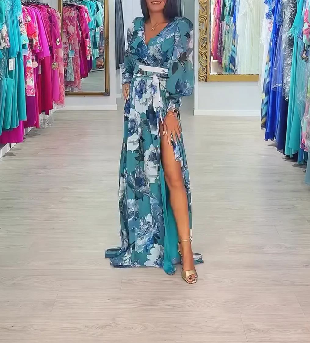 [Copy]Colorful Abstract Print Maxi Dress with Feather - Embellished Shoulders and Side Slit