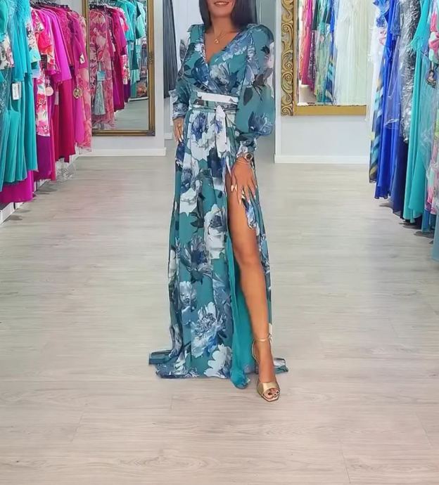 [Copy]Colorful Abstract Print Maxi Dress with Feather - Embellished Shoulders and Side Slit