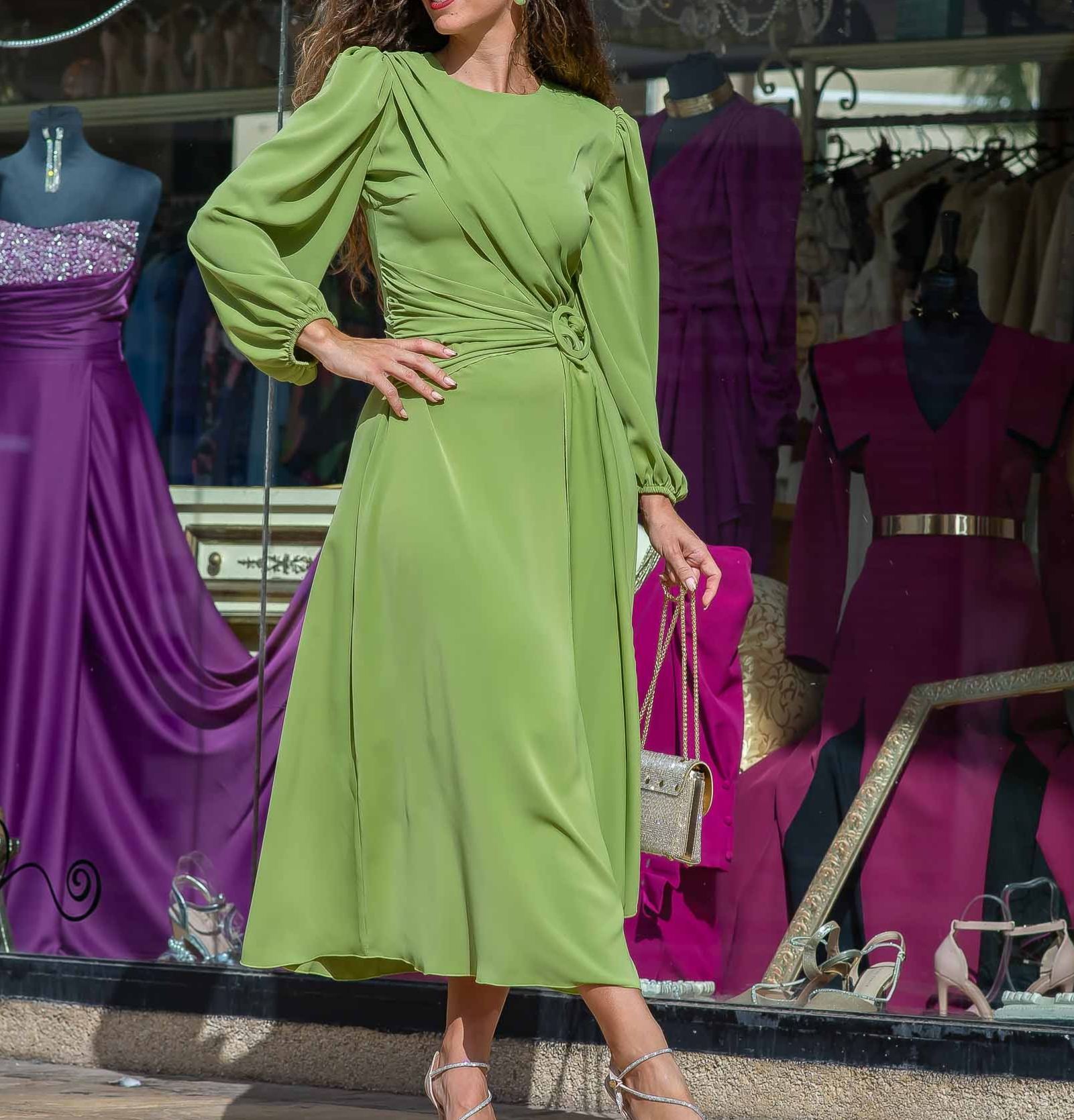 Elegant Olive Green Long - Sleeve Dress with Draped Waist Accent