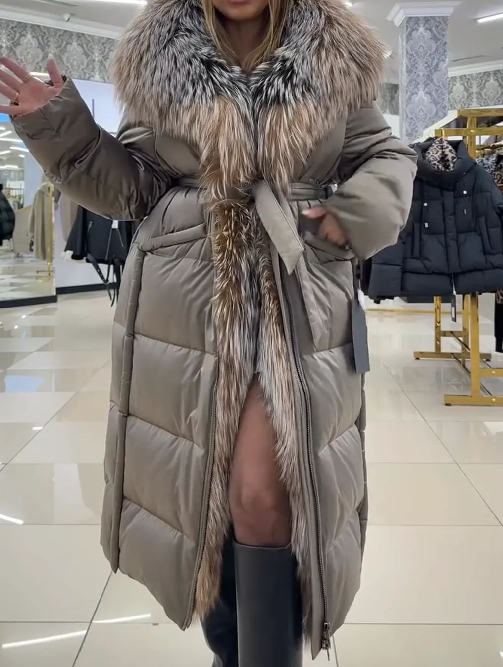 [Copy]Brown Mid - length Puffer Coat with Oversized Faux Fur Hood and Trim