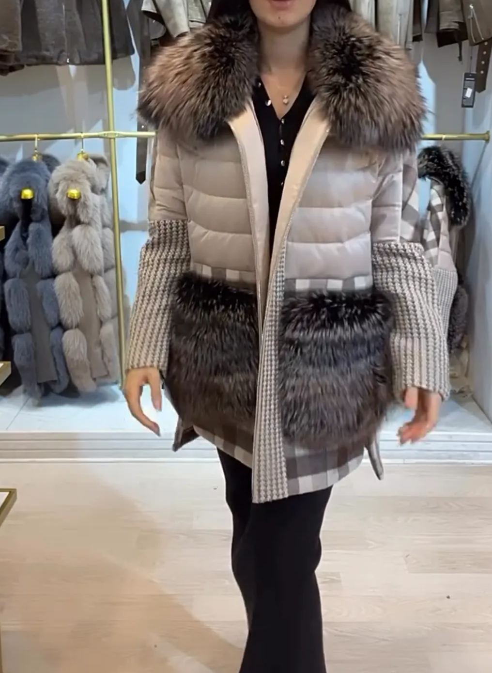 [Copy]Black Leather Shearling Coat with Faux Fur Collar