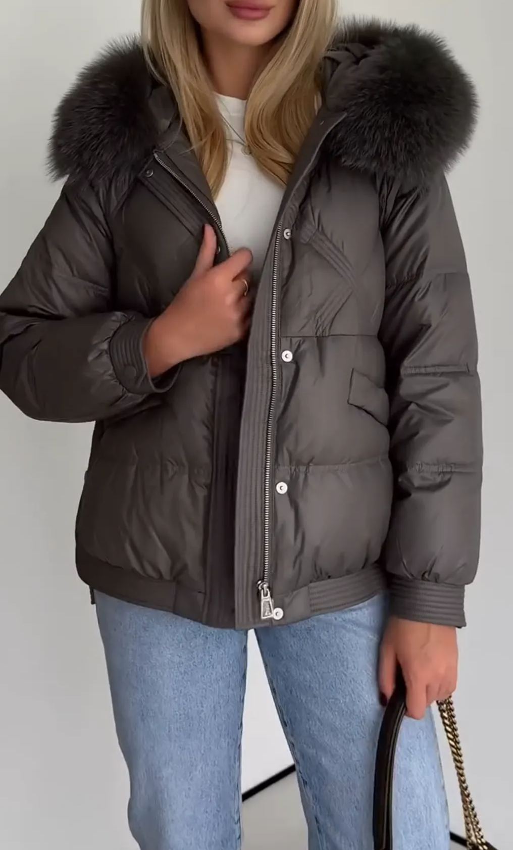 [Copy]Dark Gray Long Puffer Coat with Luxurious Faux Fur Collar and Cuffs